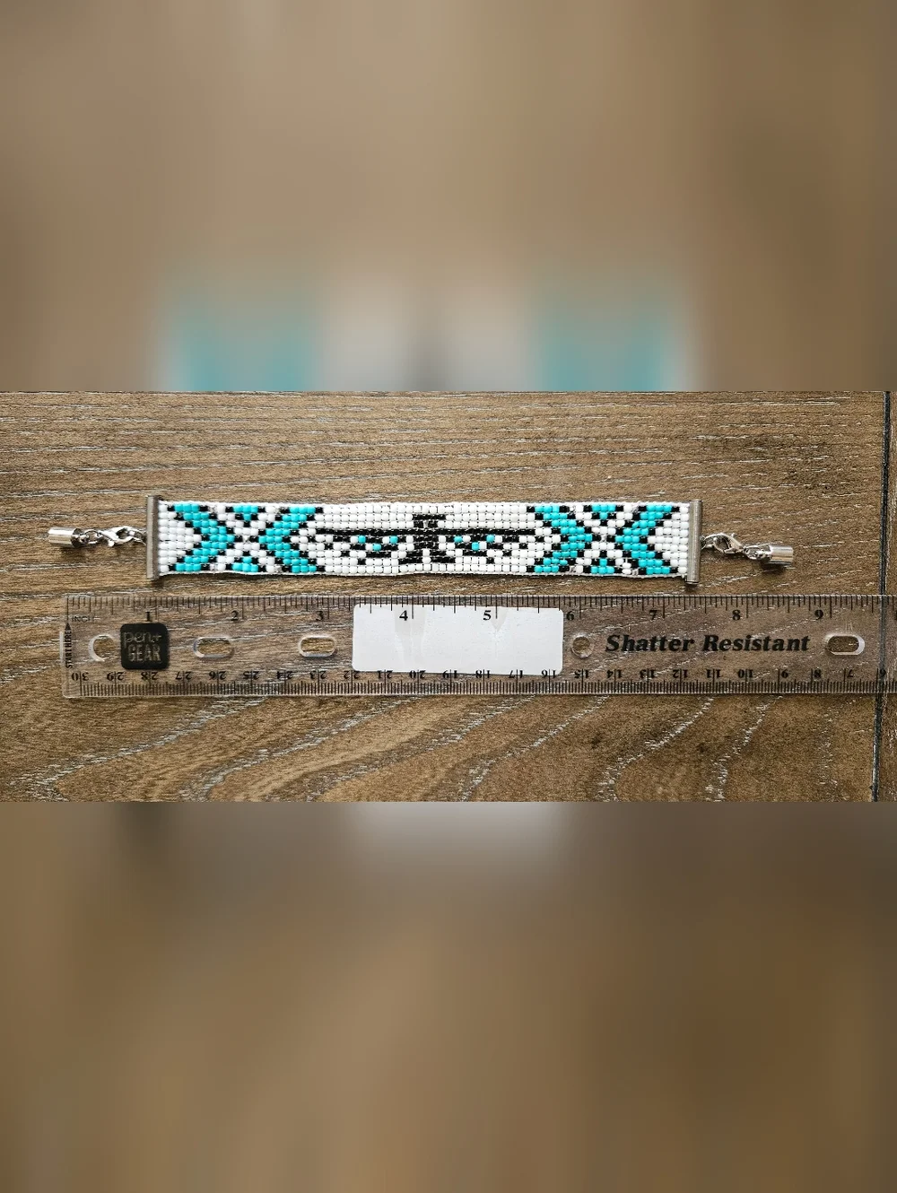 Handmade Seed Bead Bracelet in Turquoise & White With Gold Accents. THUNDERBIRD - Picture 3 of 3